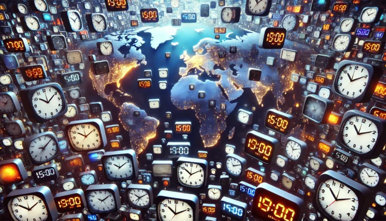 clocks around the world - all showing 5:00pm or 17:00