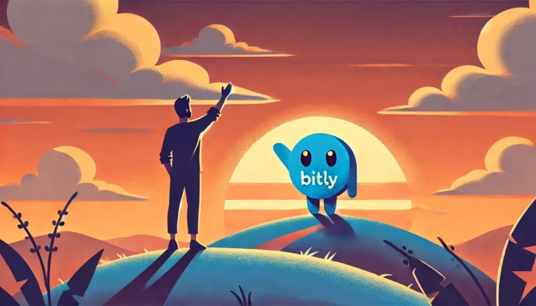 Cartoon charachter waving goodbye to bitly on a sunset