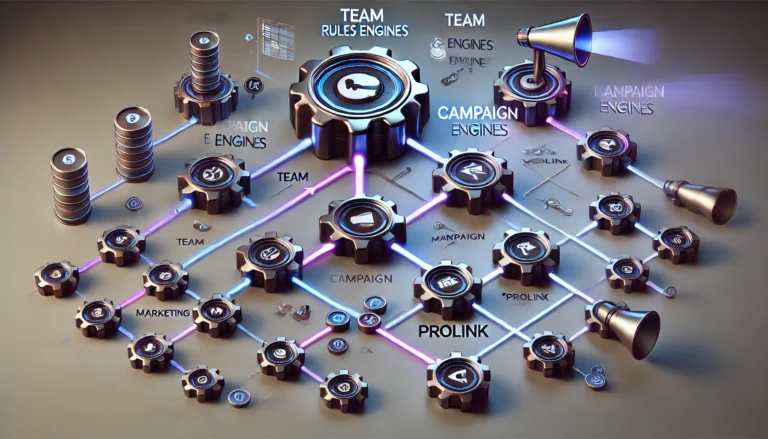 301.Pro Cartoon drawing of Rules Engines showing Team Rules, Campaign Rules, and ProLink Rules.